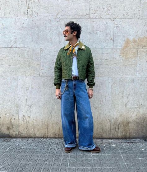 Colorful Retro Outfits Men, Men’s Plus Size Outfits Fall, Male Maximalist Outfits, Mens Funky Fashion, Eclectic Grandpa Mens Fashion, Green And Yellow Outfit Ideas, Green Outfit Men Aesthetic, Denim Jeans Outfit Men, Camp Pants Outfit