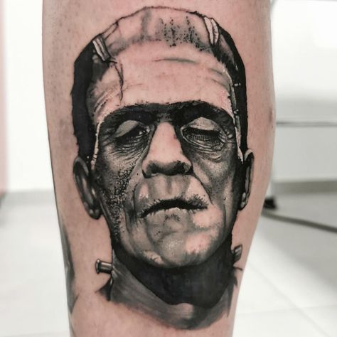 Frankenstein tattoo The Bride Of Frankenstein Tattoo, Horror Movie Tattoo Designs, Classic Horror Tattoo, Small Frankenstein Tattoo, Frankenstein Tattoo Design, Frankinstine Tattoos, Sweeney Todd Tattoo, Monster Tattoo Ideas, Frankenstein And Bride Tattoo