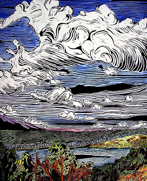 Clouds Over Albuquerque  Linoleum print Lino Print Clouds, Linocut Clouds, Woodcut Landscape, Woodcut Printing, Woodcut Art, Lino Cuts, Montessori Art, Lino Printing, Linoleum Print