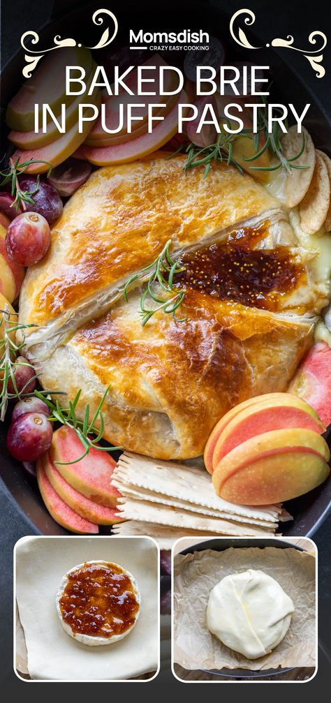 This baked Brie features buttery melted Brie cheese and fig jam encased in flaky puff pastry. It makes the perfect appetizer for your next party, movie night, or holiday! Brie Bites Puff Pastry Fig, Baked Brie Puff Pastry Recipes, Brie Recipes Baked Phyllo Dough, Brie And Prosciutto Puff Pastry, Brie Pastry Appetizer, Cheese Brie Recipe, Baked Brie In Puffed Pastry, Brie With Puff Pastry And Jelly, Pastry Brie Recipes