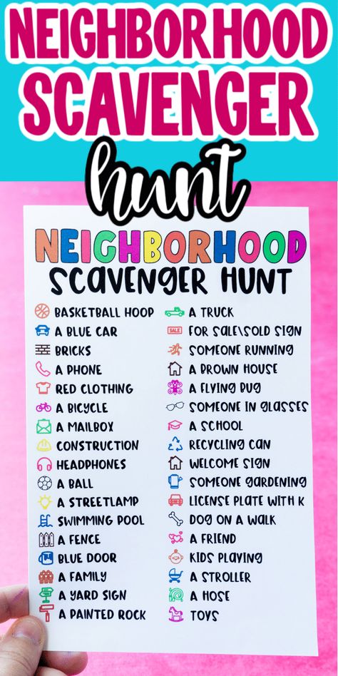 Make a walk around the neighborhood a little more fun with this printable neighborhood scavenger hunt! Kids will have a blast trying to find all of these things on their walk and adults will love that kids will be entertained the entire walk! Neighborhood Scavenger Hunt For Teens, Scavenger Hunt Ideas For Teens Outdoor, Scavenger Hunt Prizes, Neighborhood Scavenger Hunt For Kids, Virtual Scavenger Hunt, Neighborhood Scavenger Hunt, Summer Supplies, Scavenger Hunt Ideas, Scavenger Hunt List