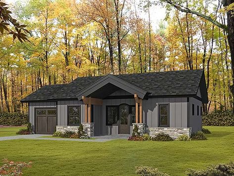 House Plan With Elevation, Two Bedroom House Plan, Cottage Ranch, Family Home Plans, 1 Bedroom House Plans, 1 Car Garage, Porch Storage, 1 Bedroom House, Basement House Plans