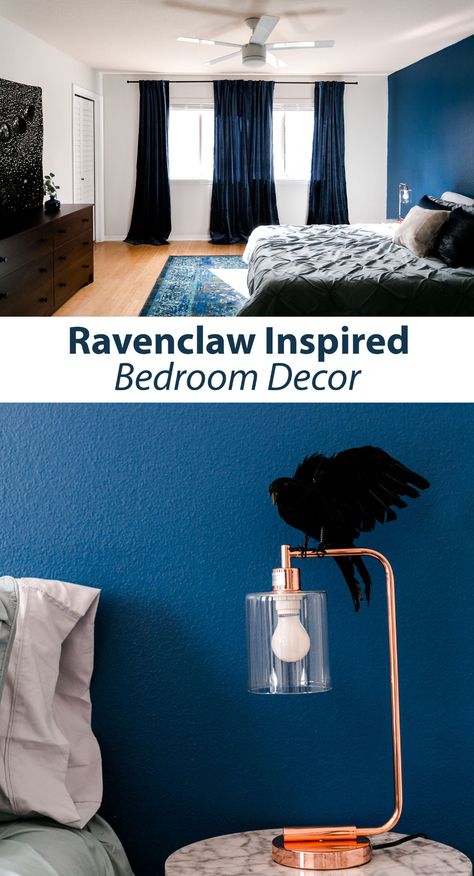 Ravenclaw-Inspired Bedroom #harrypotter #ravenclaw #airbnb #airbnbhost #abeautifulmess Ravenclaw Room Decor, Ravenclaw Bedroom Aesthetic, Ravenclaw Inspired Bedroom, Ravenclaw Bedroom Ideas, Ravenclaw Room Ideas, Harry Potter Room Decor Bedroom Ideas, Harry Potter Inspired Bedroom, Ravenclaw Bedroom, Ravenclaw Room