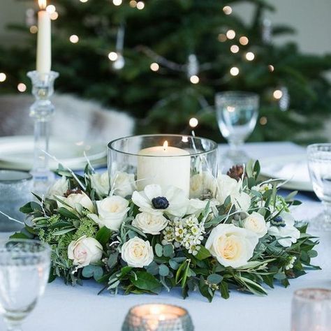 white and green wedding centerpiece #weddings #wedding #weddingideas #himisspuff #greenweddings Green Wedding Centerpieces, Winter Table Decorations, Candles And Flowers, Greenery Wedding Centerpieces, Wedding Candles Table, Winter Floral Arrangements, Diy Christmas Table, Candles Flowers, Candle Table Decorations