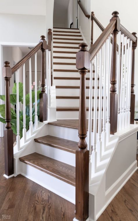 Painting Stair Risers, Staining Stairs, Stained Staircase, Painted Stair Risers, Painted Stair Railings, Stairs Painted, Painted Staircase, New House Goals, Railing Makeover