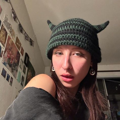 crochet devil beanie for a friend + its original sketch #crochetersofinstagram #crochetinspo #crochethat Horn Beanie, Blue Devil, Crochet Headband, May 7, Crochet Ideas, Horn, Crochet Hats, Sketch, Crochet