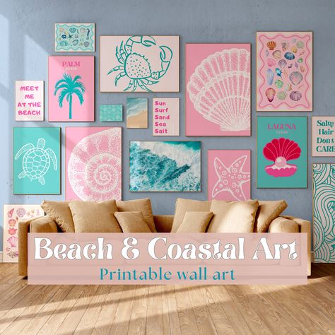 Set of 17 Coastal Wall Set Prints, Nautical Decor, Surf Prints, Prints Summer Wall Art, Beach Prints, Boho Beach Gallery Wall, Summer Art Printable artwork is an easy way and great project to personalize your home and workplace. 💌PLEASE NOTE this listing does not include a physical item. You can print these files at home on your own printer or take them to a print shop of your choice.  WHAT'S INCLUDED  With this purchase, you will receive 1 PDF file with a Google Drive link (no Drive account is Preppy Coastal Wall Art, Beachy Art Prints, Pink Ocean Themed Bedroom, Pastel Coastal Decor, Preppy Beach Room Decor, Teen Beach Theme Bedroom, Preppy Beach Decor, Preppy Beach Pictures, Beach Vibes Room