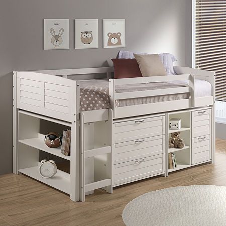 The louvered low loft bed makes a small room fun, with large under bed area for storage or play. The louvered design is timeless and can make a room easy to decorate and give it a warm inviting look. The 3-drawer chest adds storage under the louvered low loft bed. The 2-drawer chest has deeper drawers for larger items storage, and a small shelf beside it. The large bookcase adds storage at the foot of the bed.Included: 1 Loft Bed(s)Features: Storage, Under Bed Storage, Quick ShipJoinery: Screwed Low Loft Bed, Large Bookcase, Make A Room, Low Loft Beds, Small Bookcase, Small Shelf, Low Loft, Twin Mattress Size, Small Shelves