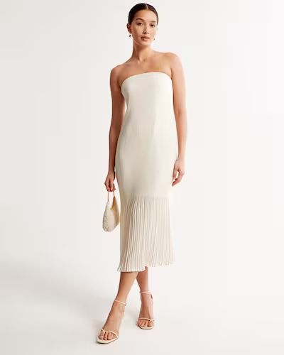 New Money Outfits, White Pleated Dress, Wealthy Life, Abercrombie And Fitch Dresses, New Money, Strapless Midi Dress, Engagement Dresses, Pleated Midi Dress, Satin Maxi Dress