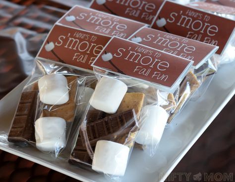 Fall S'mores Party Treat Bags with Free Printable (post includes fun s'mores party ideas) S’mores Giveaway, S’mores Packaging Ideas, Individual Smore Packs, S’mores Treat Bags, S’mores Packaging, Smore Party Ideas, S’mores In A Bag, S’mores Goodie Bags, Fall Smores Party