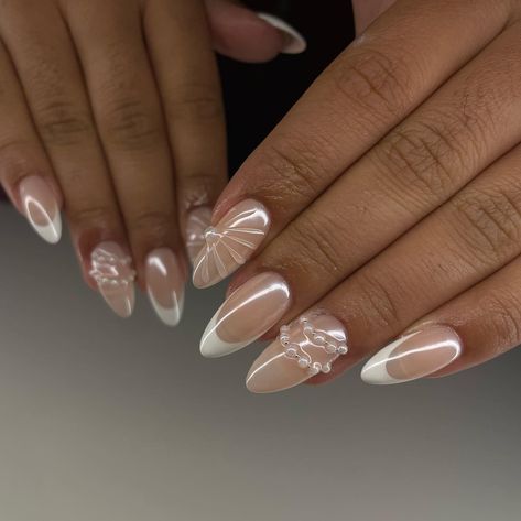 The bead and pearl arrangement 😩😍 So elegant for her grad 👩‍🎓😍 #nails #gelx #nailsofinstagram #nailtech #nailsnailsnails #nailart #nailaddict #naildesigns #nailporn #nailjunkie #nailartist #nailinspo #nailideas #vancouver #trend #chromenails #chrome #3dart #weddingnails #gradnails Chrome And Pearl Nails, Cute Nails Chrome, Pearl Arrangement, Pearl Chrome Nails, Silver Acrylic Nails, Grad Nails, Back To School Nails, Nude Nail Designs, School Nails