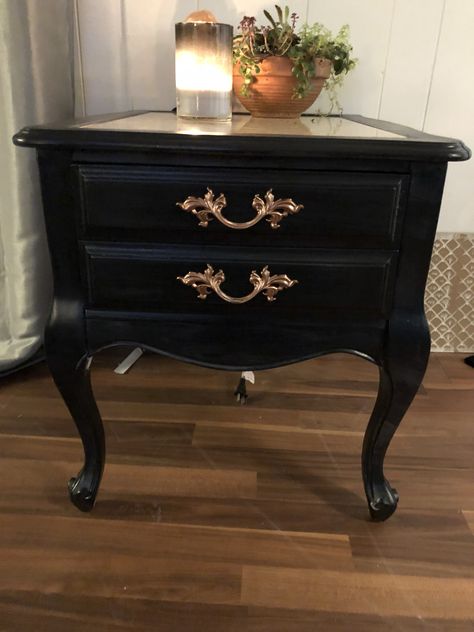 Antique French Provincial Side Table Glaze Refinish Black French Provincial Furniture, French Provincial Side Table Makeover, French Provincial Coffee Table, Black French Side Table, Black Antique Nightstand, French Provincial Bedside Table, French Provincial Side Table, Painted Bedside Tables, Gold Nightstand