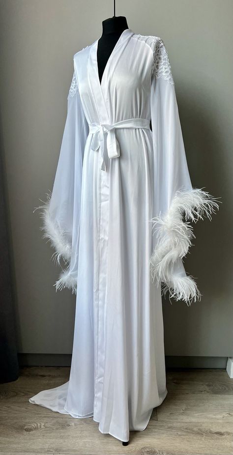 https://www.etsy.com/listing/1576932572 Long Silk Robe, Long Bridal Robe, Fluffy Sleeves, Silk Robe Long, Robe Silk, Ostrich Feather Trim, Night Gowns, Wink Wink, Lace Bride