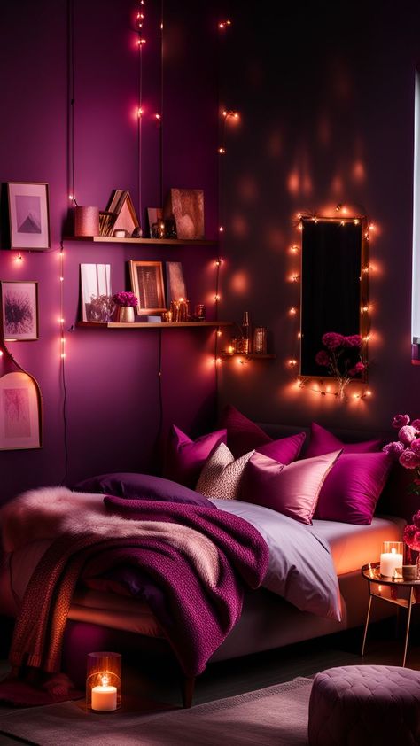 Dive into a world of soft blush hues, plush textures, and enchanting details that transform your space into a haven of comfort and style. From velvety throw pillows to delicate fairy lights, every element radiates serenity. Tag someone who would love to unwind in this pink paradise! #CozyBedroom #PinkDecor #HomeSweetHome 🌸🛏️ Transform your bedroom into a haven of comfort with blush tones, fluffy textures, and dreamy accents. Dream Bedroom Inspiration, Feminine Bedroom, Purple Bedroom, Apartment Decoration, Dark Home Decor, Small Apartment Living Room, Dark Home, Bedroom Red, Design Apartment