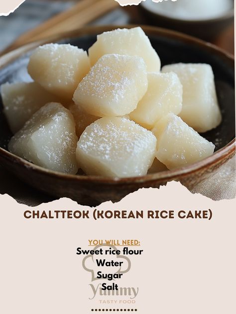 🌟 "Savor Chaltteok—Korean rice cakes that are chewy, sweet, and perfect for a delightful treat! 🍰✨ #Chaltteok #KoreanDessert" Chaltteok (Korean Rice Cake) Ingredients: Sweet rice flour (1 cup) Water (1 cup) Sugar (1/4 cup) Salt (1/4 tsp) Cornstarch (1 tbsp, for dusting) Instructions: Mix sweet rice flour, water, sugar, and salt in a bowl. Steam the mixture for 30 minutes. Let it cool, then dust with cornstarch before slicing. 🍰 "Enjoy the chewy, sweet goodness of Chaltteok—Korean rice cak... Sweet Rice Flour Recipe, Korean Rice Cakes, Sweet Rice Flour, Rice Flour Recipes, Korean Rice Cake, Rice Cake Recipes, Korean Dessert, Sweet Rice, Korean Rice