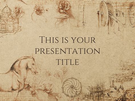 This free presentation template uses a textured paper background, Leonardo Da Vinci's drawings and classic typography to convey a historical feeling. Use it in your classroom or conference to talk about history, art or even classic literature. Make your audience dive in your topic and get them "in the mood" with this beautiful design. This free presentation History Template, History Wallpaper, Wallpaper Powerpoint, Powerpoint Background Templates, History Background, Background For Powerpoint Presentation, Presentation Tips, Noli Me Tangere, Classic Typography