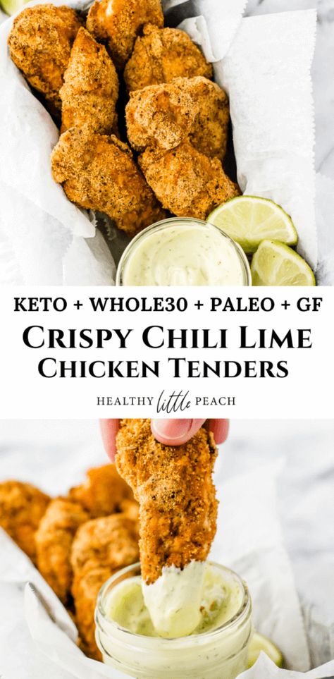 Air Fryer Crispy Chili Lime Chicken Tenders - Healthy Little Peach Paleo Comfort Food, Chili Lime Chicken, Air Fryer Chicken Tenders, Crispy Chicken Tenders, Cheap Clean Eating, Avocado Ranch, Appetizer Dishes, Keto Foods, Chili Lime