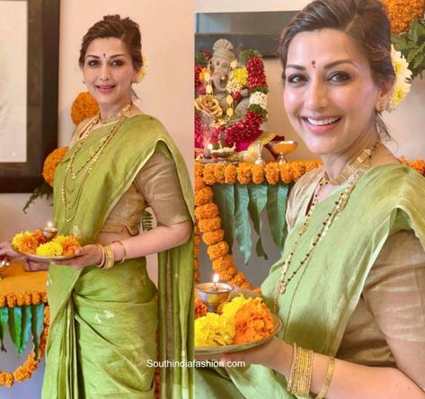 sonali bendre green anavila saree ganesh chaturthi scaled e1598309042598 Ganesh Chaturthi Makeup Look, Sonali Bendre Saree, Ganesh Chaturthi Outfit, Draping Saree, Sonali Bendre, Simple Hairstyle, Subtle Makeup, Fashionable Saree Blouse Designs, Ganpati Decoration