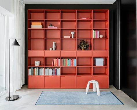 Lots Of Shelves, Red Bookcase, Books At Home, Traditional Bookcases, Bookcase Ideas, Monochromatic Room, Bookcase With Drawers, Large Bookcase, Bookcase Decor