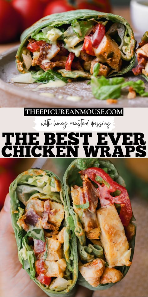 Honey mustard chicken wraps with air-fried chicken tenders, lettuce, tomato, bacon and honey mustard dressing. Summer Wraps Recipes, Honey Mustard Wrap, Honey Mustard Chicken Wrap, Folded Wraps, Easy Wraps, Veg Wraps, Homemade Wraps, Yummy Wraps, Air Fried Chicken Tenders