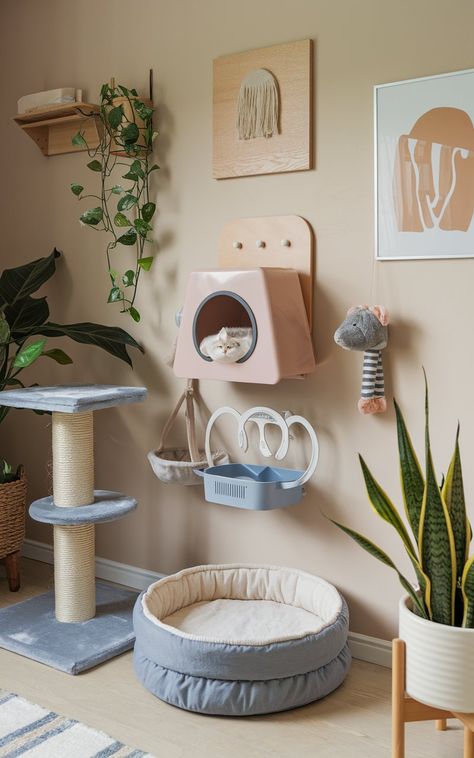 Kitty Area Ideas, Kitten Set Up In Bedroom, Cat Friendly Room Decor, Pets Room, Cat Things For Home Aesthetic, Aesthetic Cat Play Area, Cat Corner, Aesthetic Cat Climbing Wall, Cat Litter Cabinet