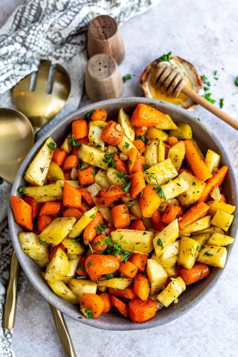 Print Garlic Honey Butter, Roasted Carrots Parsnips, Cajun Chicken Salad, Carrots And Parsnips, Sailor Bailey, Roasted Carrots And Parsnips, Honey Carrots, Sticky Sauce, Garlic Honey