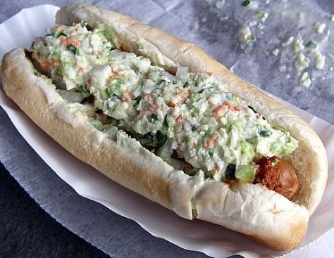 Southern Cole Slaw Recipe, Hot Dog Slaw Recipe, Carolina Slaw, Best Hotdogs, Slaw Dog, Bacon Wrapped Hotdogs, Wrapped Hot Dogs, Carolina Dog, Hot Dog Chili