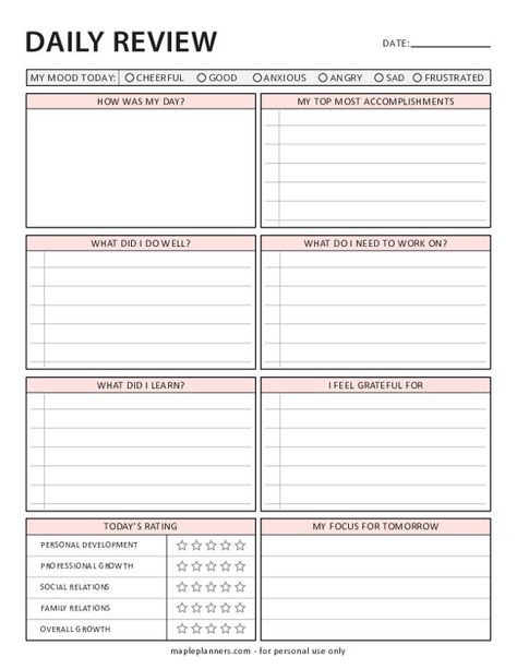 Free Printable Daily Reflection Template Free Daily Planner Pdf, Daily Reflection Journal Template, Daily Reflection Template, Mom Planner Printables Free, Reflection Template, Journal Printables Templates, Daily Planner Ideas, Journaling Templates, Free Goal Printables