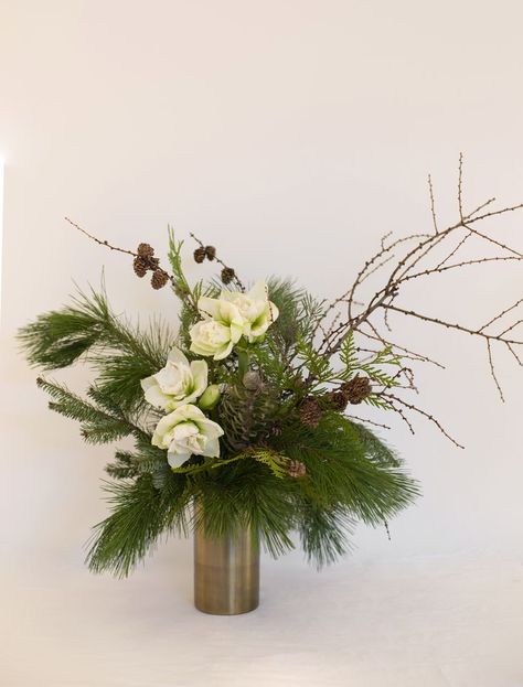 Christmas Foliage Arrangements, Amaryllis Flower Arrangement, Amaryllis Christmas Arrangements, Holiday Floral Arrangements Christmas, Christmas Bouquets Ideas, Modern Christmas Flower Arrangements, White Christmas Floral Arrangements, Amaryliss Christmas, January Flower Arrangements