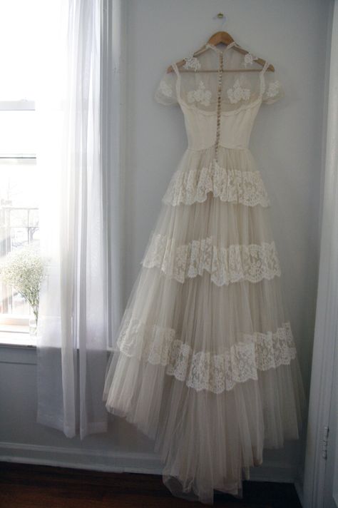 (Back) 50s Wedding Gown. Size 2, Tagless. 50 Wedding Dress, 50s Wedding Dresses, Vintage Ruffle Wedding Dress, Cottage Core Wedding Dress Tea Length, 50s Inspired Wedding Dress, Coloured Wedding Dress Different, 50s Wedding Aesthetic, Vintage Wedding Gown, Vintage Lace Wedding Dress