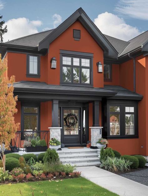 20+ Burnt Sienna and Cloudy Grey Exterior Wall Colours for Warm Sophistication • 333+ Art Images Burnt Orange Exterior House Colors, Rust Exterior House Colors, Burnt Orange House Exterior, Warm Exterior House Colors, Orange House Exterior, Modern House Colors, Outside House Colors, Rendered Houses, Best Bedroom Colors