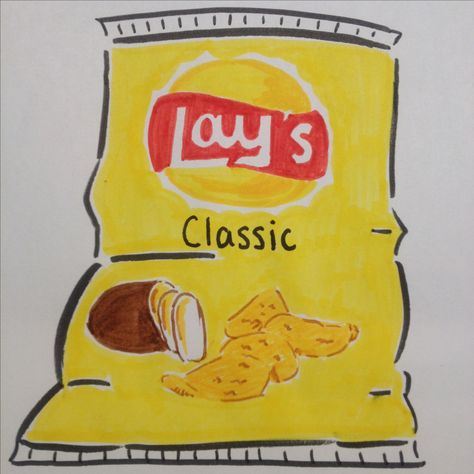 Lay's classic chips drawing by Dhalie Fortin Lays Chips Drawing, Chip Bag Drawing, Bag Of Chips Drawing, Chips Doodle, Chips Drawing, Squishy Ideas, Kawaii Squishy, Lays Chips, Chip Art