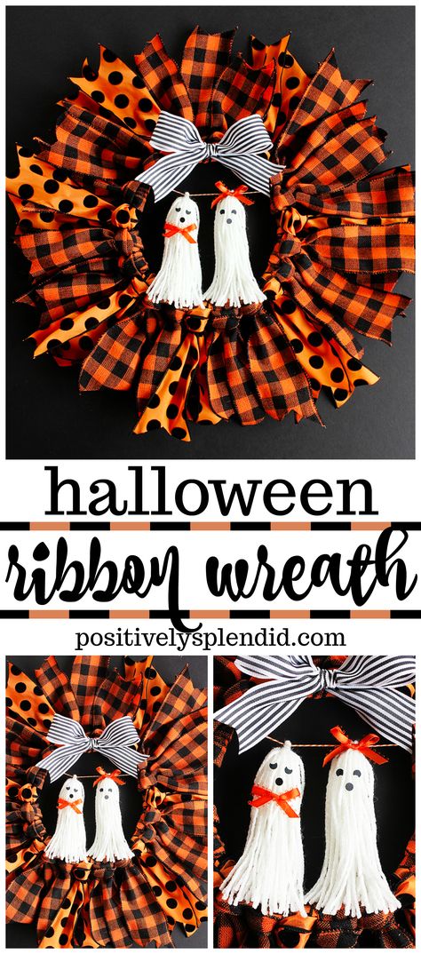 Halloween Ribbon Wreath -- So easy to make with an embroidery hoop, and these ghost tassel embellishments are adorable! Halloween Decorations Indoor Scary, Halloween Ribbon Wreath, Halloween Decor Diy, Clever Halloween, Dollar Tree Halloween, Halloween Memes, Diy Halloween Wreath, Easy Diy Wreaths, Adornos Halloween