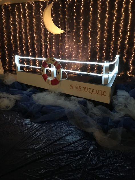 Cruise Ship Themed Party Ideas, Titanic Photo Booth, Cruise Ship Set Design, Sailing Theme Birthday Party, Shipwrecked Prom Theme, Cruise Ship Party Ideas, Cruise Decorations Party, Titanic Tea Party, Cruise Ship Centerpiece Ideas