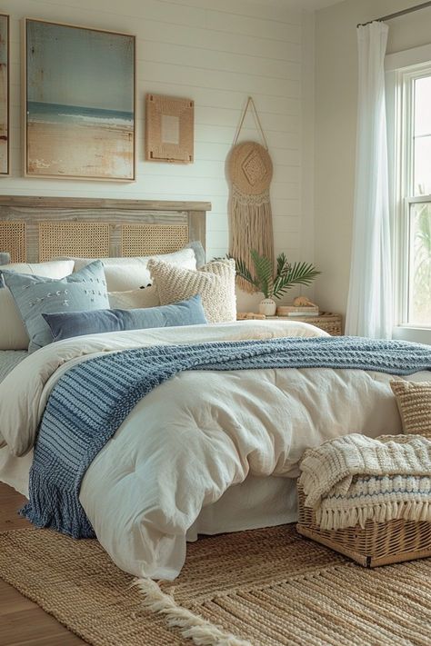 29 Boho Coastal Bedroom Ideas for a Breezy, Beachy Haven 19 Boho Chic Bedroom Blue, Bedroom Color Scheme Ideas, Boho Coastal Bedroom, Costal Bedroom, Coastal Bedroom Decor, Coastal Bedroom Ideas, Beachy Bedroom, Beach House Bedroom, Coastal Bedroom Decorating