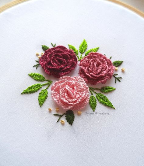 Cast-on stitch flower embroidery Cast On Rose Embroidery, Flower Bud Embroidery, 3d Rose Embroidery, 3d Flower Embroidery Design, Cast On Stitch Embroidery, 3d Embroidery Designs, Emma Embroidery, 3d Embroidery Flowers, Fly Leaf