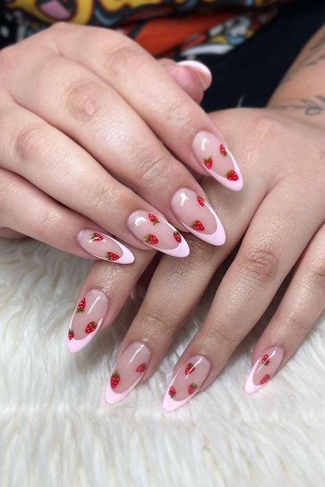 Nails For 13 Year Girl, Strawberry Nails Aesthetic, Strawberry French Nails, Almond Strawberry Nails, Nails Pink Strawberry, Strawberry Nails Pink, Strawberry French Tip Nails, Almond Nails Designs Strawberry, Strawberries And Cream Nails