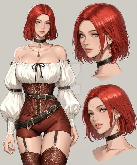 basic10 Anime character with red hair in a corset outfit, featuring detailed design and distinct expressions. | Sky Rye Design Anime Character With Red Hair, Redhead Character Art, Hooded Character Art, Pathfinder Character Art, Medieval Character Art, Dnd Female Character Concept, Female Dnd Character, Interesting Character Design, Character With Red Hair