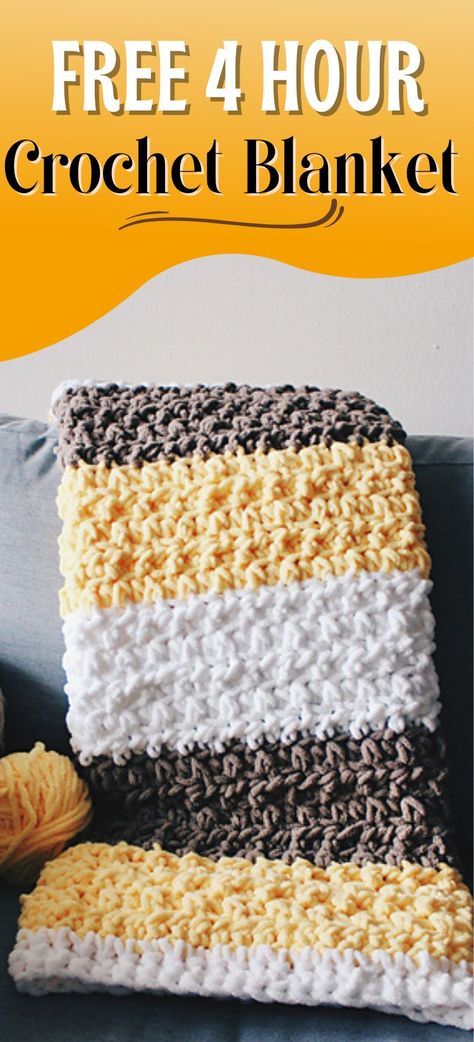 Try this easy and quick chunky afghan free crochet pattern. This fast baby blanket will take only 4 hours and will make a great baby shower gift paired with a book or a soft toy. The stitch pattern is simple and perfect for beginners. #crochetblanket, #freecrochetblanket, #crochetafghan, #crochetbabyblanket, #crochet Crochet Striped Blanket Pattern, Crocheted Ideas, Bernat Baby Blanket Yarn, Baby Boy Crochet Blanket, Crochet Rugs, Crochet Baby Blanket Free Pattern, Crochet Unique, Chunky Crochet Blanket, Crochet Blanket Pattern Easy