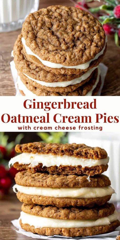 A delicious twist on classic Lil' Debbie cream pies - these gingerbread oatmeal cream pies feature two soft gingerbread oatmeal cookies and tangy cream cheese frosting in the middle. #gingerbreadoatmealcreampies #gingerbreadcreampies #gingerbreadoatmealsandwichcookies from Just So Tasty Gingerbread Oatmeal Cookies, Gingerbread Oatmeal, Christmas Desserts Recipes, Oatmeal Cream Pie, Oatmeal Pie, Cream Pie Filling, Lil Debbie, Football Recipes, Oatmeal Creme Pie