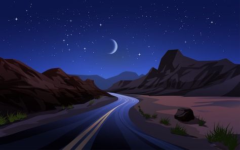 Desert At Night Illustration, Night Desert Illustration, Night Desert Art, Night Landscape Illustration, Wallpapers Horizontal, Cartoon Road, Desert Project, Desert At Night, Mountain Vector