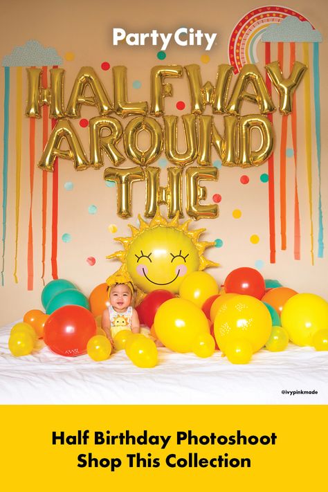 Half Birthday Party Theme, Half Way To One Decoration Ideas, Half Birthday Theme For Girl, Diy Half Birthday Photoshoot, 6 Month Party Ideas, 6th Month Birthday Ideas, Half Birthday Party Ideas, Halfway Around The Sun, 1/2 Birthday Ideas