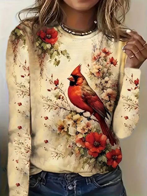 Size Women's T shirt Bird Neck Long - Temu Fall Yellow, Chicken Shirts, Yellow Bird, Long Sleeve Tops Casual, Vintage Floral Print, Maxi Dress Green, Spring Shirts, Long Sleeve Tees Women, Spring Tops