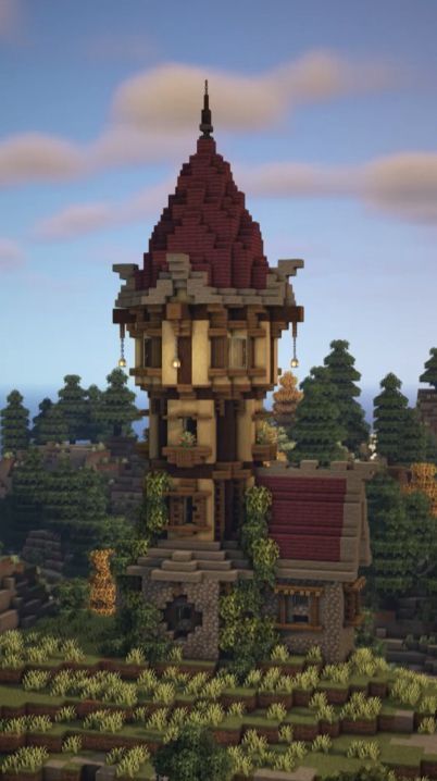 Minecraft Cottage Tower, Minecraft Tower House Ideas, House With Tower Minecraft, Guard Tower Minecraft, Minecraft Building Ideas Tower, Minecraft Tower Blueprints, Tower House Minecraft, Tower Minecraft Ideas, Minecraft Fantasy Tower