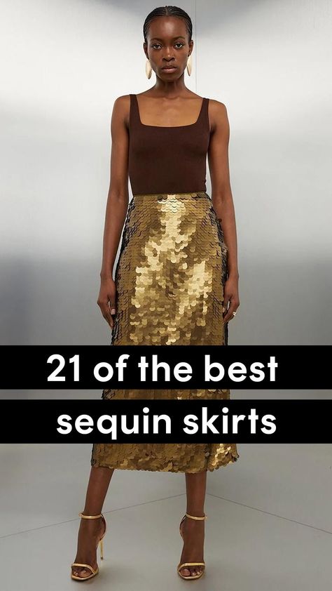 You might not immediately think of sequin skirts as a winter must-have – but with party season and Christmas just around the corner, they feel like a true wardrobe essential. Sequin skirts are way more versatile than you may first suspect: a midi can be dressed down with T-shirts and trainers for daytime looks or a wrap style can double as a beach cover-up (if you're off to catch some winter sun). We're here to help out with styling tips in our edit! Credit: Karen Millen Black Sequin Skirt Outfits, Black Sequin Pencil Skirt Outfit, Holiday Sequin Skirt Outfit, Navy Sequin Skirt Outfit, Sequins Midi Skirt Outfit, Midi Sequin Skirt, Styling Sequin Skirt, Style A Sequin Skirt, Blue Sequin Skirt Outfit