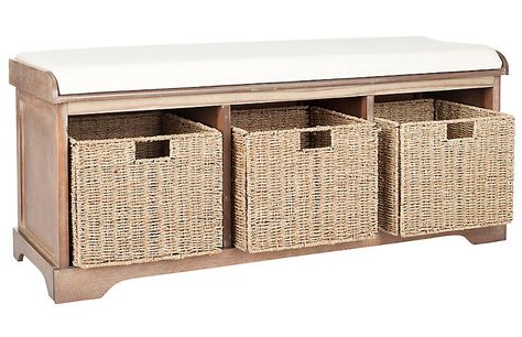 Ada Storage Bench, Natural | One Kings Lane Entry Decor Ideas Entrance, Cubby Storage Bench, Storage Bench With Cushion, Safavieh Furniture, Mudroom Ideas, White Bench, Wicker Storage, Garden Shoes, Cubby Storage