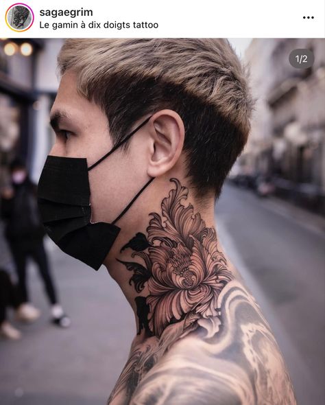 Flower Neck Tattoo Men, Neck Flower Tattoo Men, Neck Japanese Tattoo, Flowers Throat Tattoo, Floral Neck Tattoo Men, Neck Tattoo Japanese, Japanese Neck Tattoo Men, Peony Throat Tattoo, Blackwork Throat Tattoo