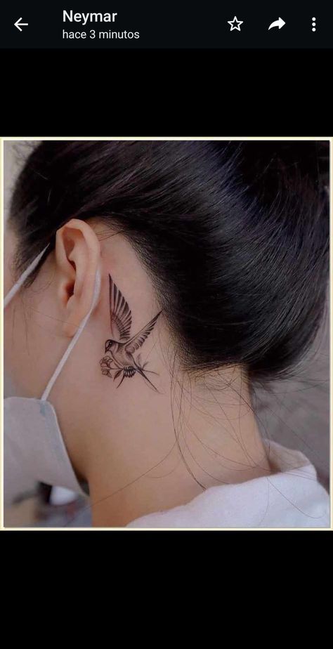 Tattoo Women Behind Ear, Behind The Ear Bird Tattoos, Behind Ear Bird Tattoo, Tatto Behind Ear Girl, By The Ear Tattoo, Below Ear Tattoo, Behind The Ear Tattoo Women, Cover Up Tattoos Behind Ear, Behind The Ear Cover Up Tattoo Ideas