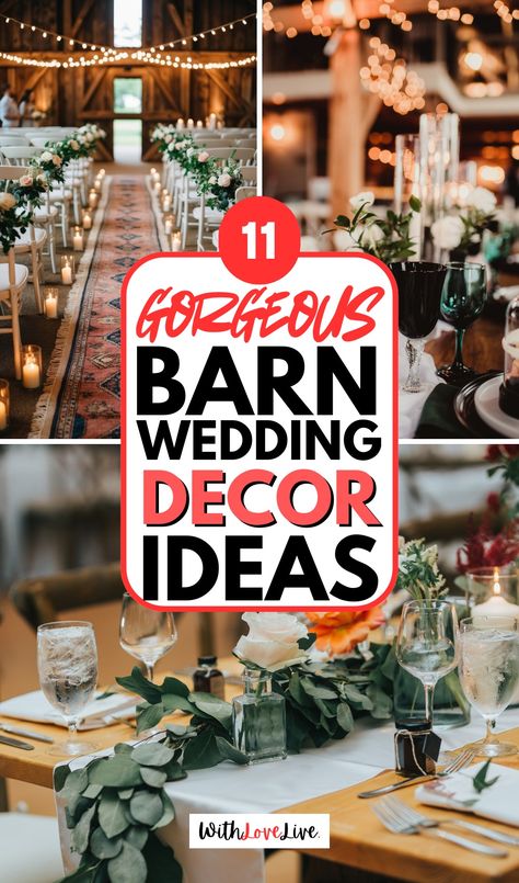 11 Gorgeous Barn Wedding Decor Ideas - WithLoveLive Elegant Barn Wedding Reception, Rustic Barn Wedding Decorations, Barn Wedding Decor, Romantic Barn Wedding, Vintage String Lights, Simple Wedding Bouquets, Floral Archway, Barn Wedding Reception, Wedding Decoration Ideas