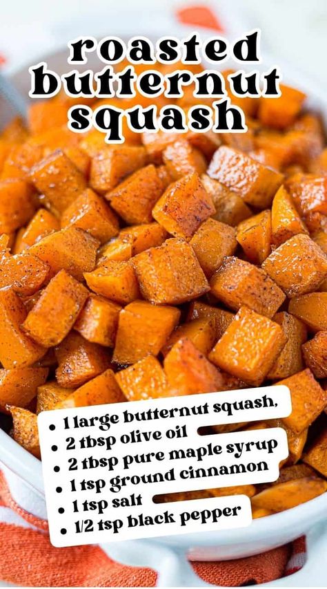 This easy roasted butternut squash is a sweet, savory and delicious way to prepare this classic fall ingredient. Learn how to cut butternut squash, roast it and use it in your favorite recipes like soup, salads, or sides. Butternut Squash Oven, Roasted Squash Recipes, Butternut Squash Recipes Healthy, Roasted Butternut Squash Cubes, Squash In Oven, Roast Butternut Squash, Oven Roasted Butternut Squash, Butternut Squash Recipes Roasted, Butternut Squash Cinnamon